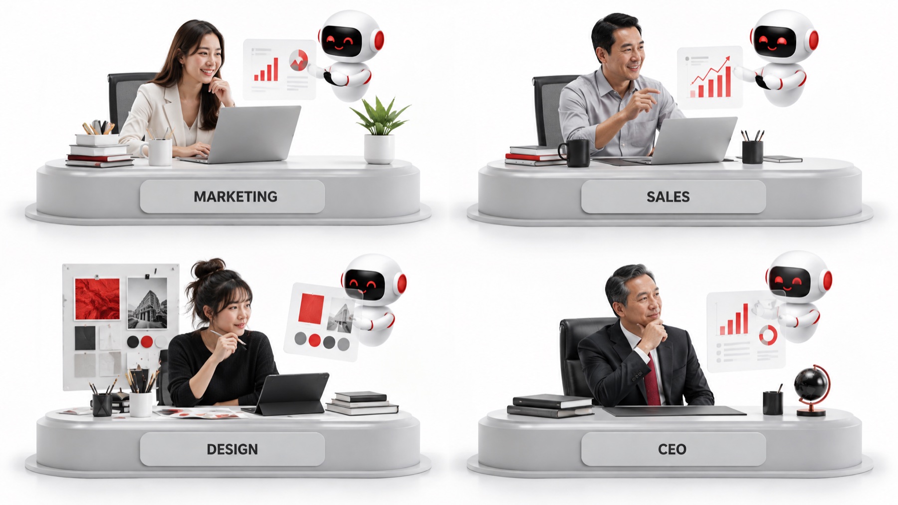 4 โต๊ะทำงาน MARKETING SALES DESIGN CEO พร้อม Advisor ประจำทีม